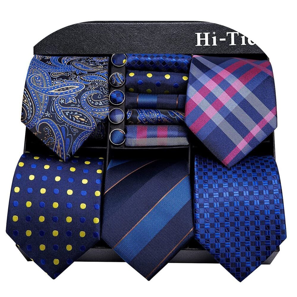 7635 Lot 5 Pcs Gift Box Tie Set Necktie with Pocket Square Cufflinks Silk